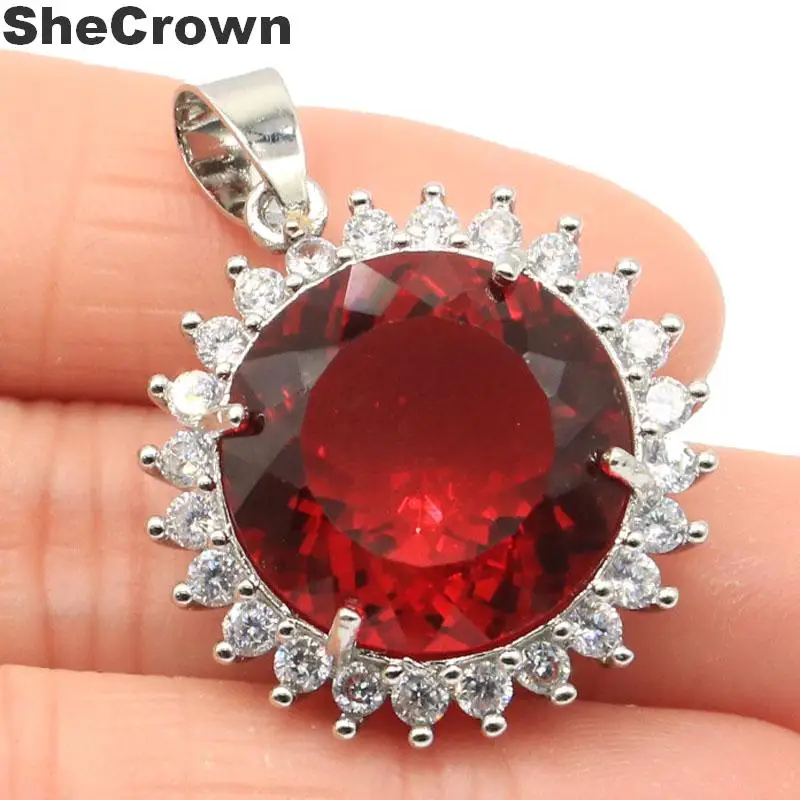 ruby 30x25 мм красивая круглая форма создан розовый кунцит Белый CZ женский серебряный кулон - Цвет камня: ruby