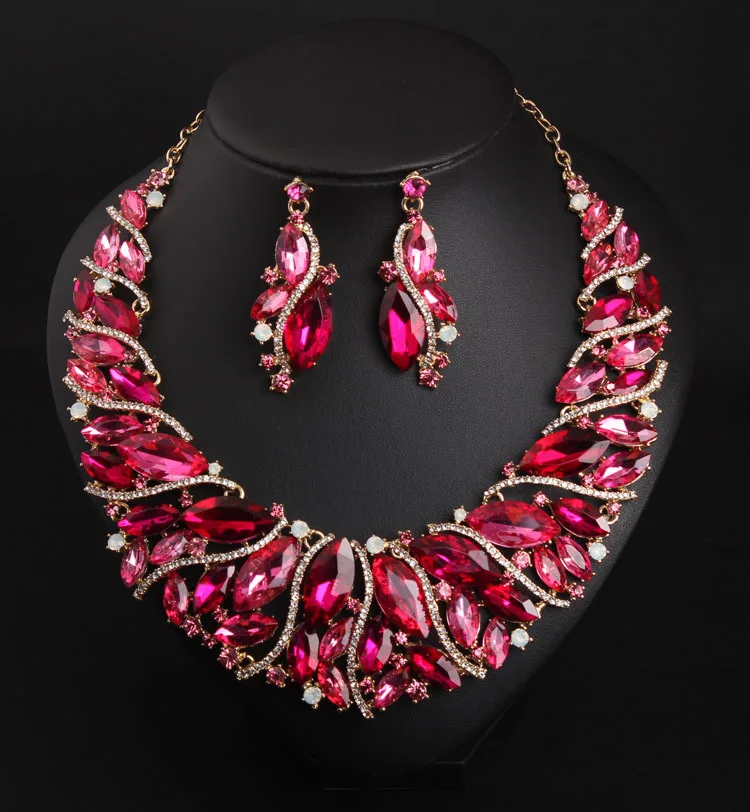 

European And American Crystal Gemstone Short Clavicle Necklace Earrings Set Female Dress Dinner Bridal Jewelry Wholesale