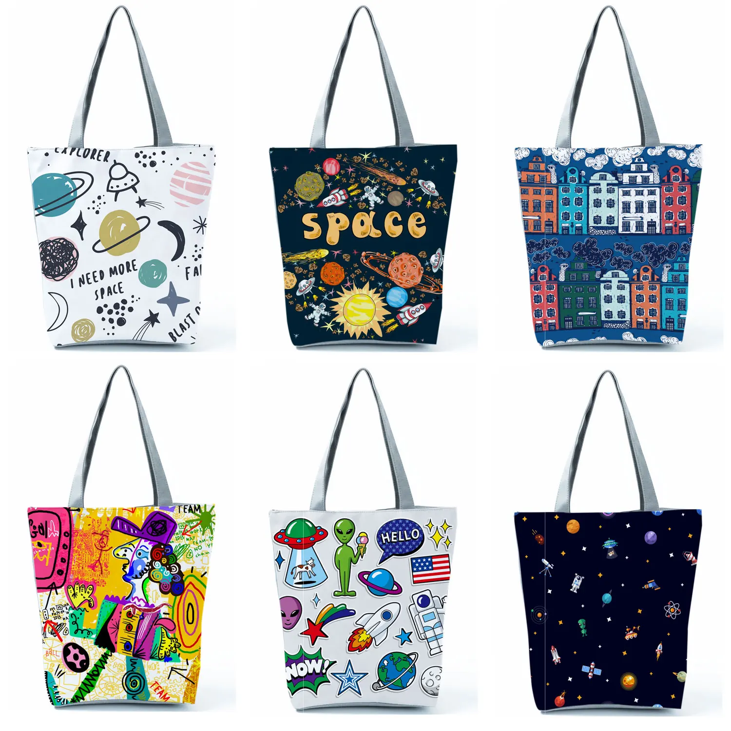 Moon Printed Handbags Eco Reusable Shopping Bag Fashion Tote High Capacity Women Shoulder Bag Navy Blue Travel Beach Storage Bag