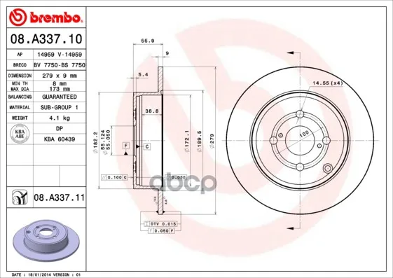 Диск Тормозной Задн Toyota: Corolla 01-, Corolla Седан 01-, Corolla Универсал 01- Brembo арт. 08.A337.10