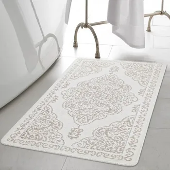 

White & Begie Acacıa Dual Bath Mat Set 60x100 + 60x50-Cream/Gold