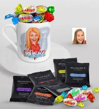 

Personalized Women 'S Is Caricature Of Turkish Coffee Cup Selamlique Mixed Turkish Coffee house And Haribo Candy Gift Seti-1