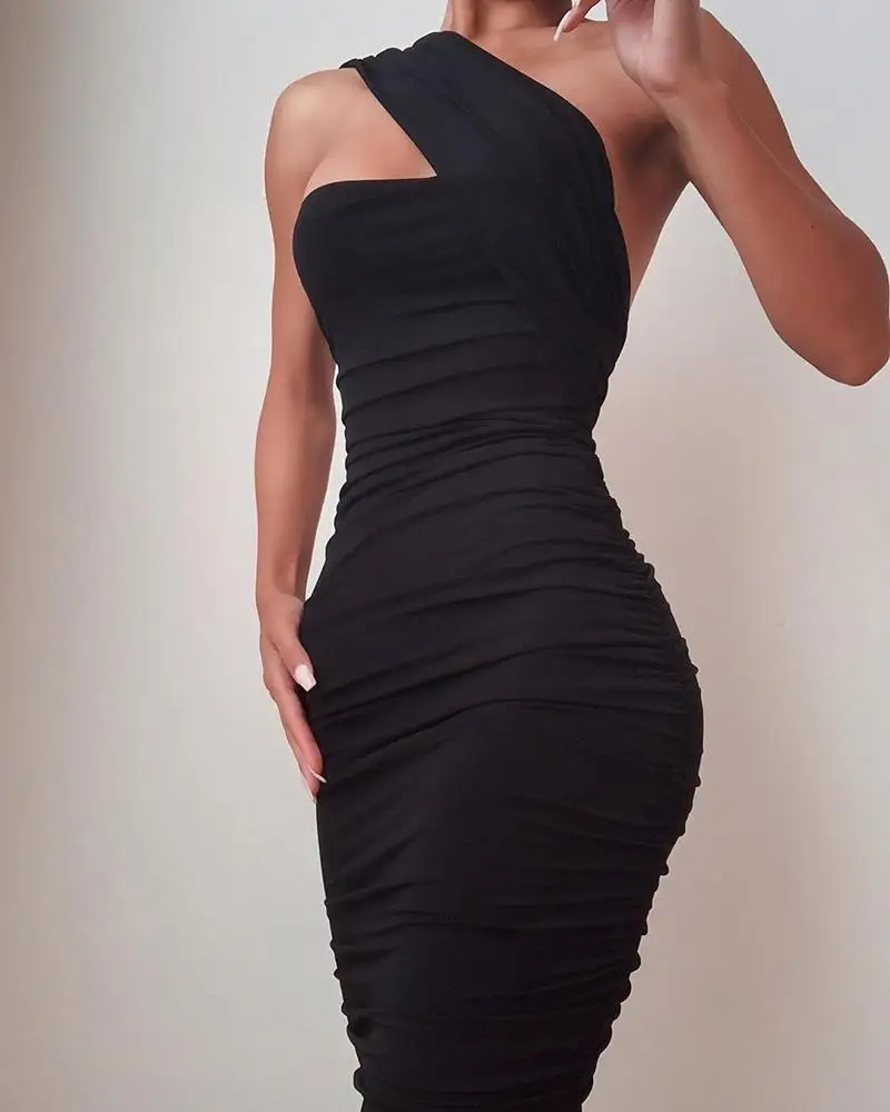 

2020 Women Fashion Elegant One Shoulder Sleeveless Ruched Bodycon Dress Party Sexy Sleeveless Slim Fit Solid Dress Elastic