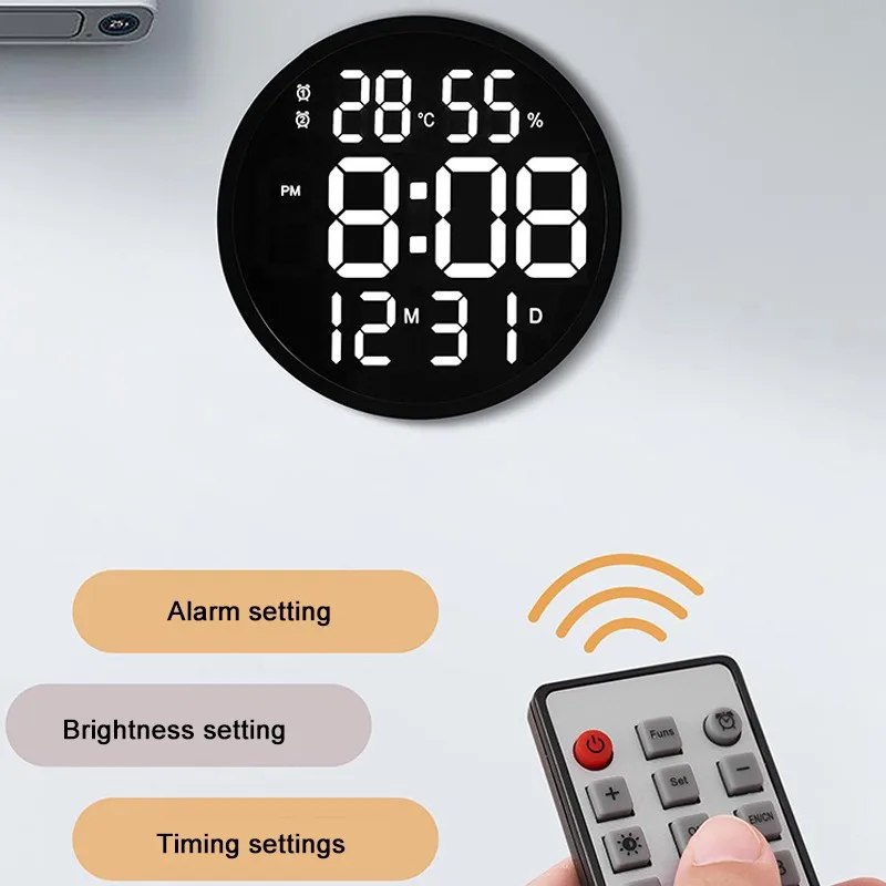 Silent Led Electronic Round 3D Large Wall Clock Digital Temperature Humidity Date Display Alarm Clock Modern Home Decoration_voghion.com