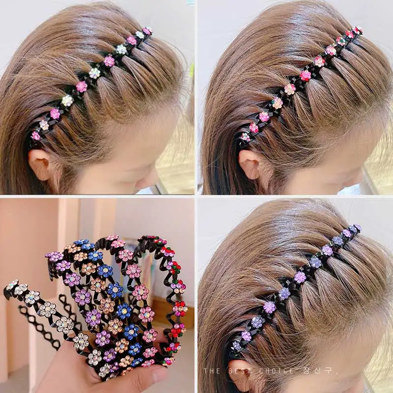 Non-Slip Rhinestone Headband Flexible Metal Wave Flower Hair Band Bezel Hair Hoop Casual Headwear Classic Sport Hair Accessories men s summer sets rhinestone letters korean style fashion ice silk short sleeved shorts 2 piece set men clothing set sport wear