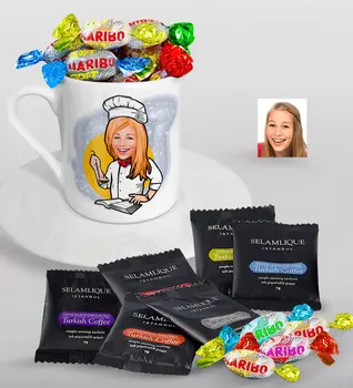 

Personalized Women 'S Chef Caricature Of Turkish Coffee Cup Selamlique Mixed Turkish Coffee house And Haribo Candy Gift Seti-12