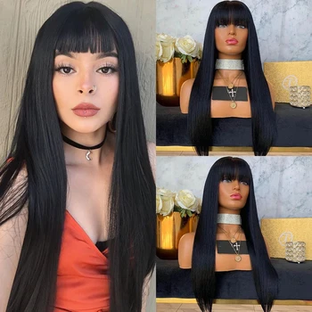 

OLEY Straight Black Wig Glueless Synthetic Lace Front Wig High Temperature Fiber With Bangs Red Pink Wigs For Black Women