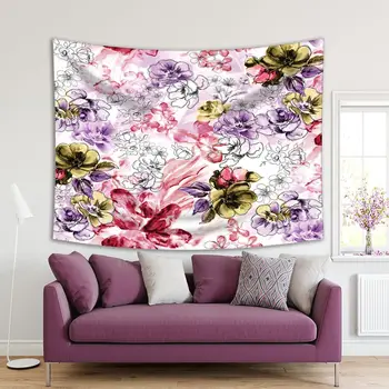 

Tapestry Flowers with Black Outlined Motifs Watercolor Painting Garden Floral Art Purple Pink Green
