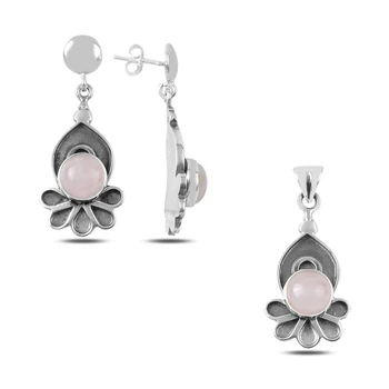 

Kutaydan Pink Quartz Stone Handwork 925 Sterling Silver Set Made in Turkey