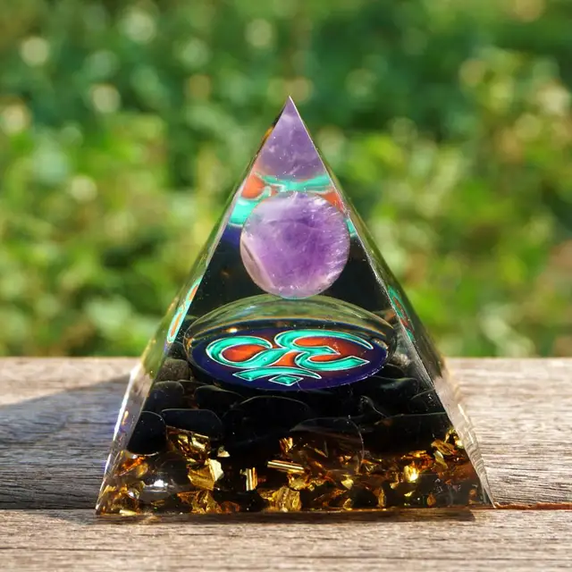 Orgonite Pyramid Amethyst Crystal Centerpiece with Black Obsidian - Image 2