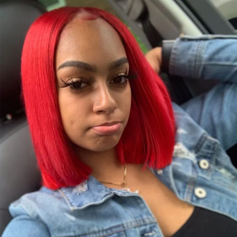 Женские прямые волосы Red Short Bob парики из человеческих волос на сетке 13 х4