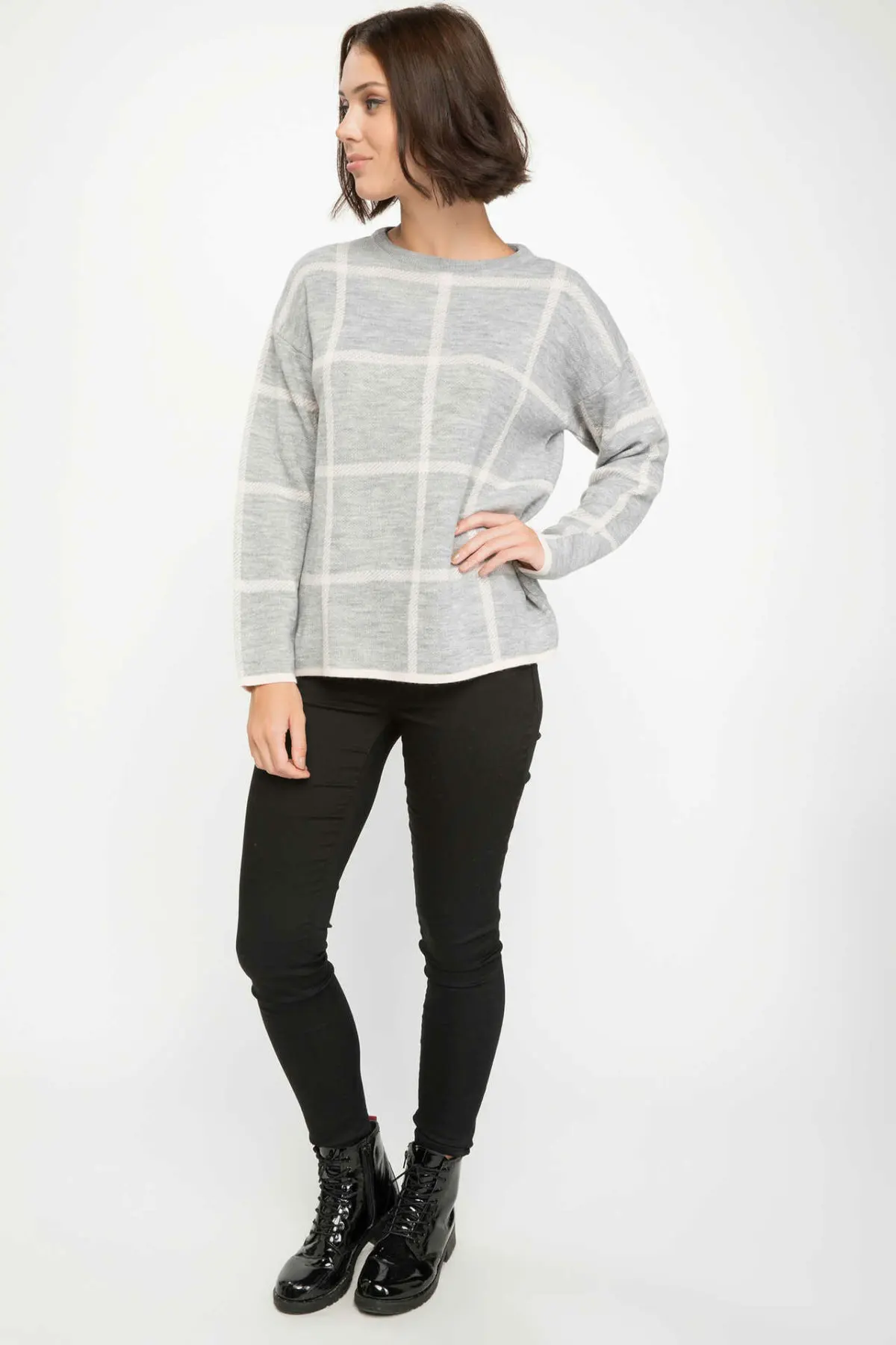 DeFacto Women Fashion Loose Plaid O-neck Knitted Pullovers Casual Long Sleeves Women Tops Autumn New-J2770AZ18WN