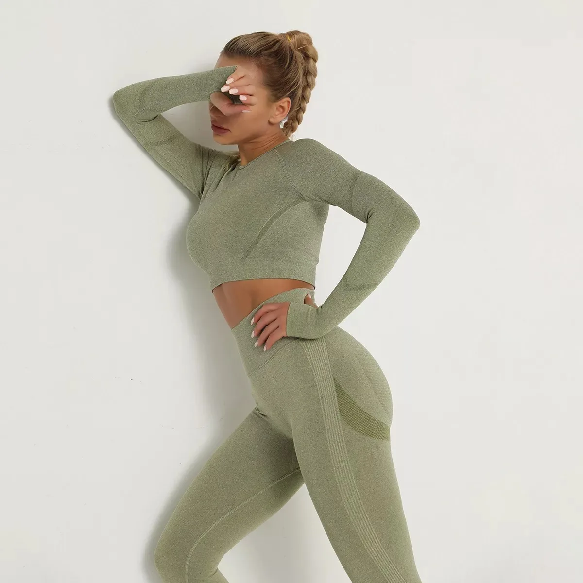 Conjunto deportivo sin costuras para mujer, Top de manga larga para gimnasio, Leggings de Control del vientre de cintura alta, ropa sin costuras, traje deportivo Sexy para chicas