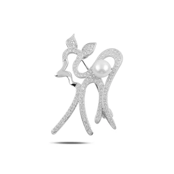

Silver 925 Sterling Gazelle Pearl & Zircon Crystal Brooch