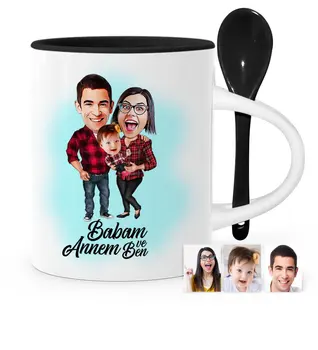 

Father's Day Custom Mom Dad and Me Cartoon Black Spoon Mug Cup-2