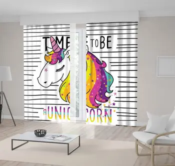 

Curtain "Time to be A Unicorn" Colorful Cute Magical Unicorn Cartoon Strips on Stars Childish Designed Yellow Pink blue Kids