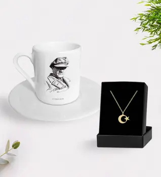 

Personalized Ataturk Themed Turkish coffee Cup And Moon Star Necklace Gift Set-17 with
