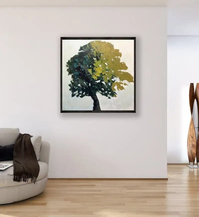 

Green Tree Palette Knife Plant abstract acrylic painting canvas hand painted wall art decoration painting living room wall decor