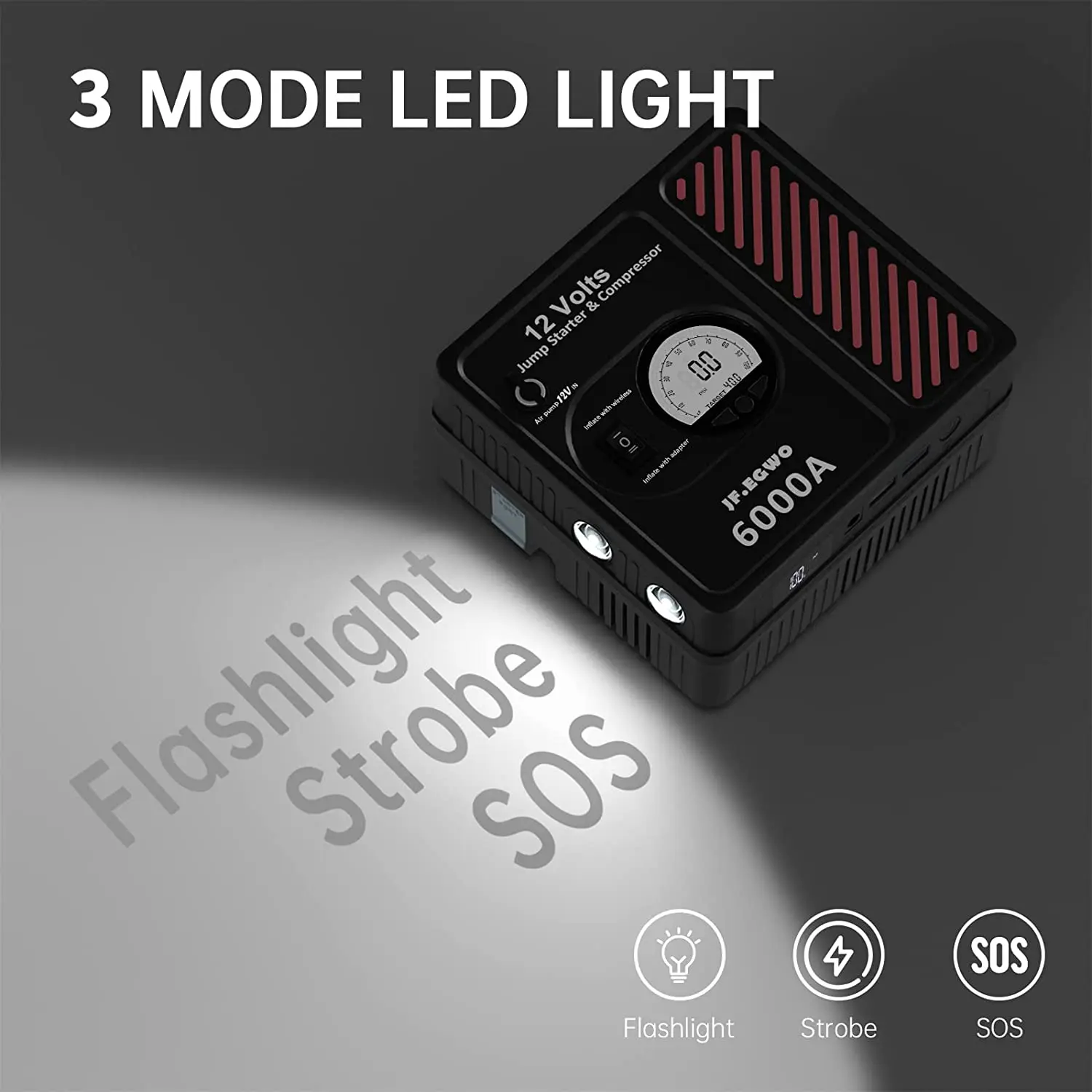 Car Jump Starter Jump Starter Car Battery Charger Portable Battery Charger JF.EGWO 6000A Car Jump Starter Tire Inflator 150PSI Air Compressor Starting Device Battery Power Bank Charger For 12V