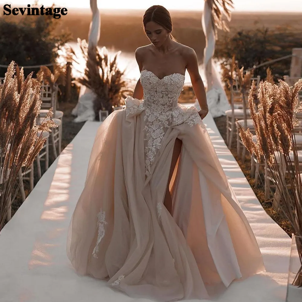 

Thinyfull Champagne Appliques Lace Wedding Party Gowns Side Slit Bridal Dress Boho Princess Lacing Back Bride Dress Custom Made