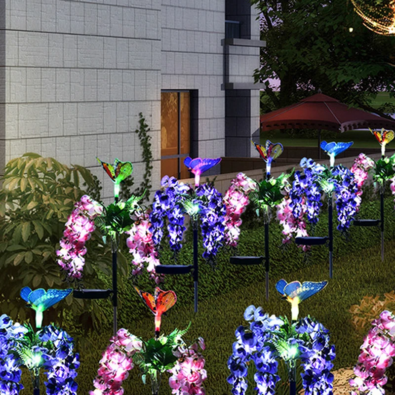 Garden Solar Butterfly Lights with Bean flowers- 2 Pack Solar Stake Light Multi-Color Changing LED Garden Lights, Solar Powered