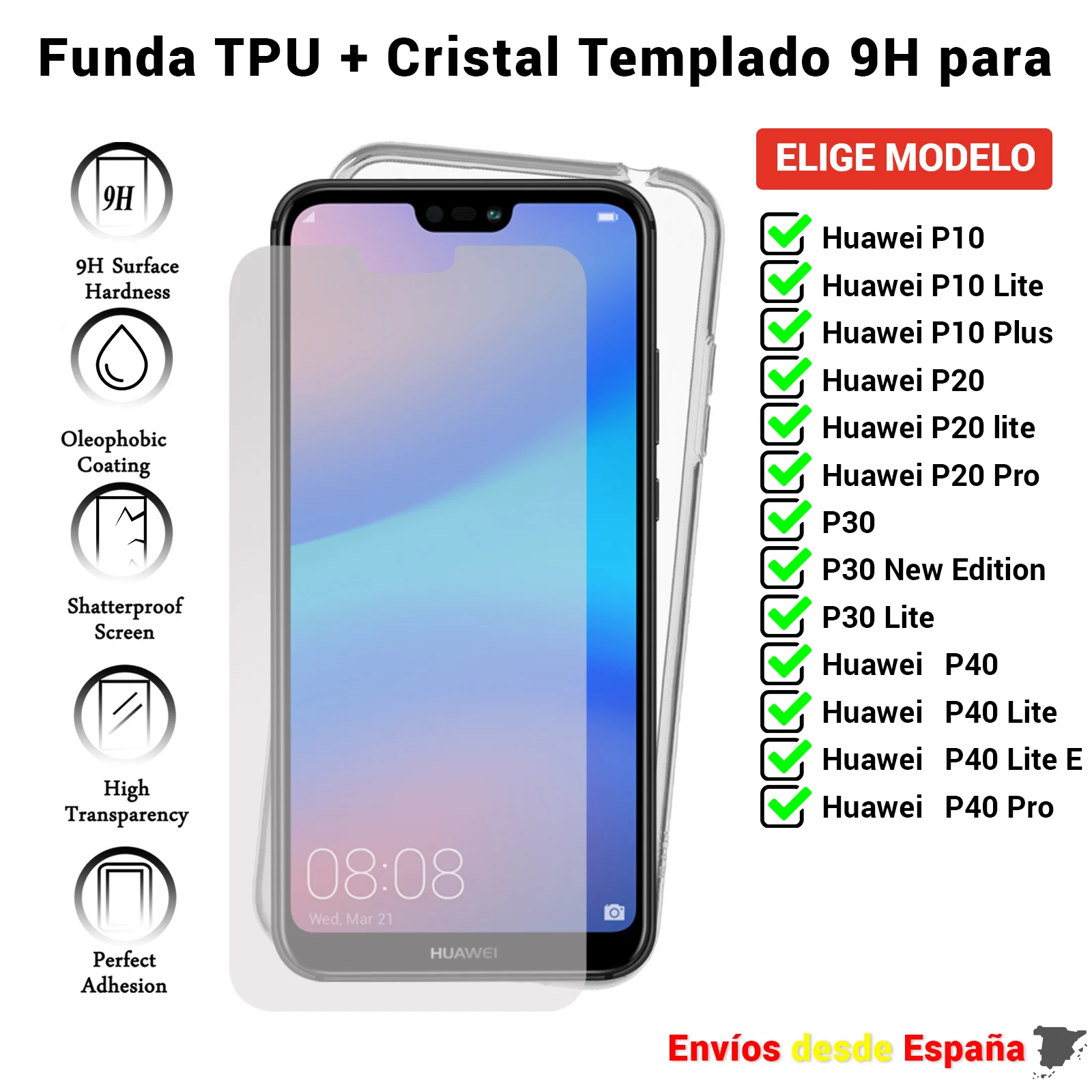 Cover E Protector Per Huawei P10 P20 P30 Plus Pro New Edition. Schermo In Vetro Temperato E Custodia Per Telefono Trasparente