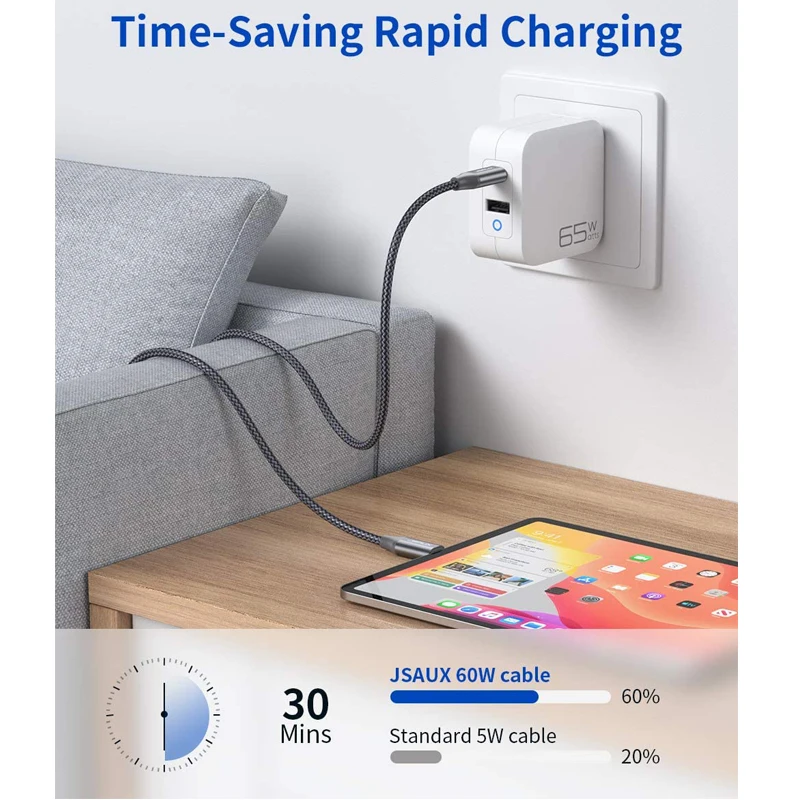 JSAUX 60 Вт USB C к Type кабель PD QC 2 0/3 0 для быстрой зарядки и передачи данных Macbook Air iPad Pro