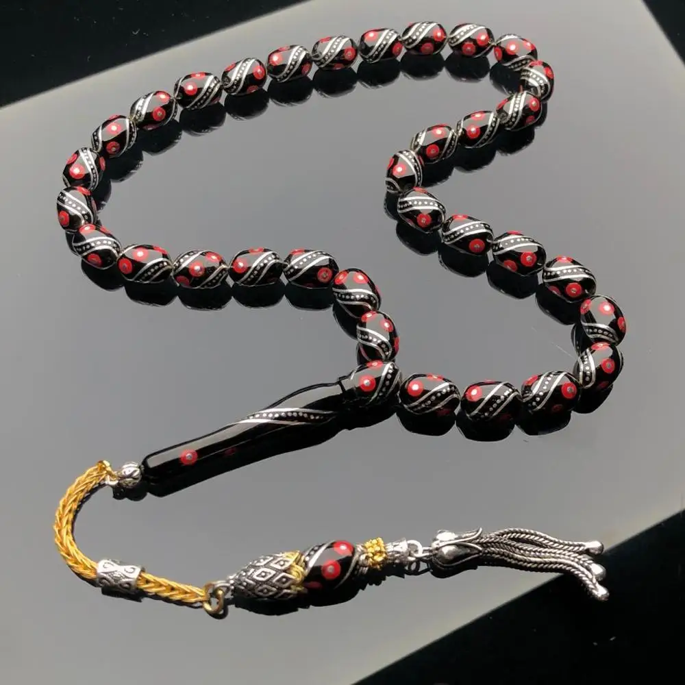 Première classe rouge Cesm Bulbul artisanat original Erzurum Oltu pierre Tasbih serrage gland Tesbih Misbaha chapelet de prière musulmane ► Photo 3/6