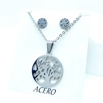 

Stainless steel life tree necklace and earrings set for women, silver color.