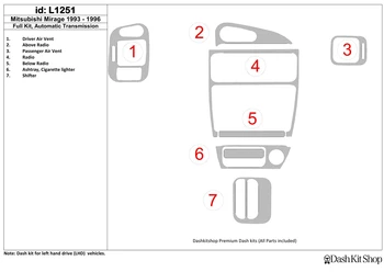 

Interior trim for Mitsubishi Mirage 1993-1996. Set L1251.