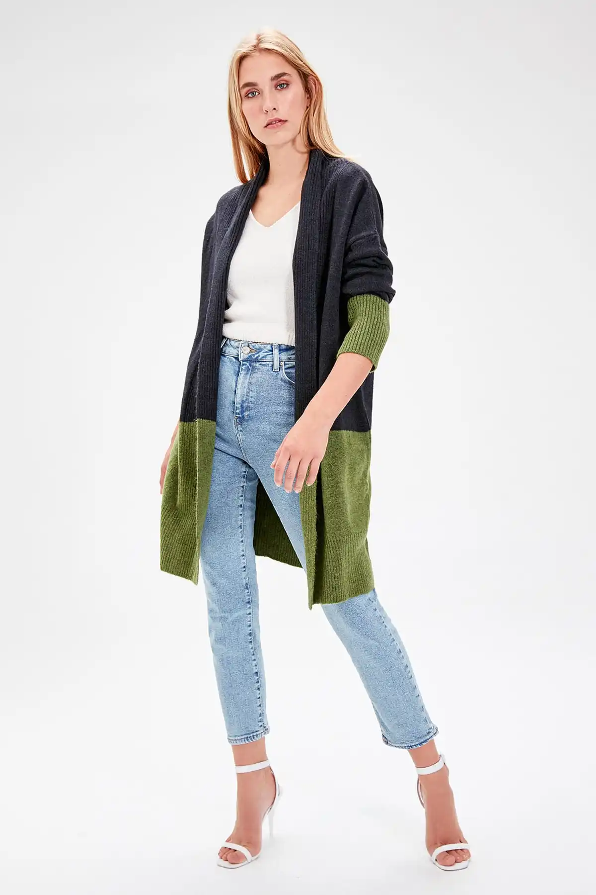 Trendyol WOMEN-Navy Blue Color Block Knitwear Cardigan TWOAW20NK0005 |