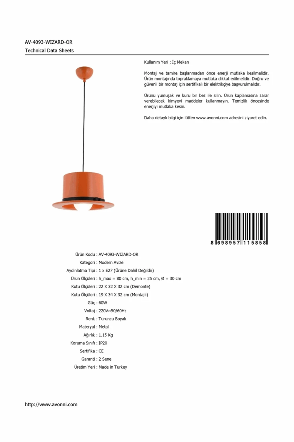 AVONNI AV-4093-WIZARD-OR оранжевый окрашенный кулон, E27, металл, 30c