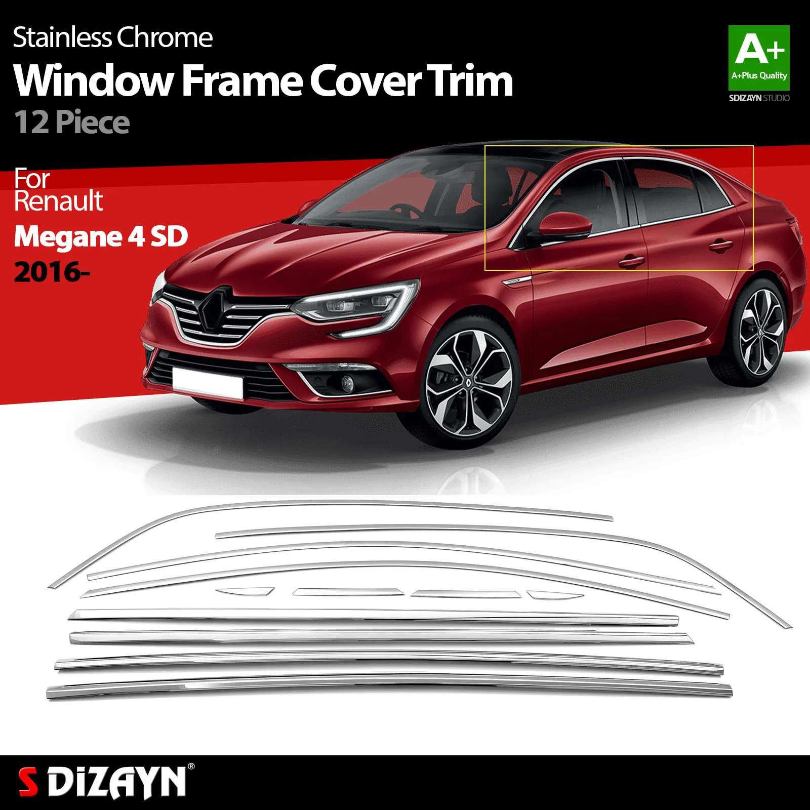 

S Dizayn For Renault Megane 4 Chrome Window Frame Cover Trim Stainless Steel 12 Pcs Exterior Car Accessories Parts Auto Products