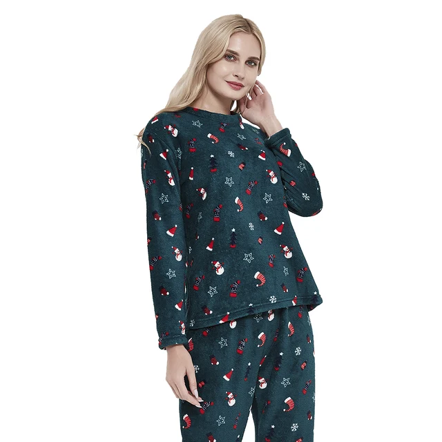 PimpamTex - Women's Autumn Winter Coral Long Sleeved Pyjama Set, Warm Winter Coral Printed Pyjama Set, Perfect Christmas Gift Noel verde