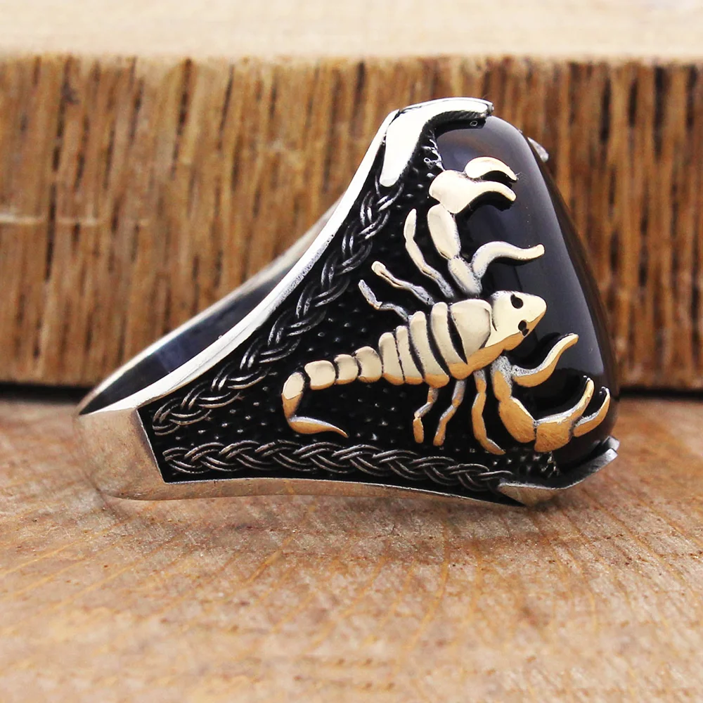 Real Pure Sterling Silver Ring 925 For Men Scorpion Natural Red Black Agate Stone Men's Gemstone Handmade Turkish Jewelry
