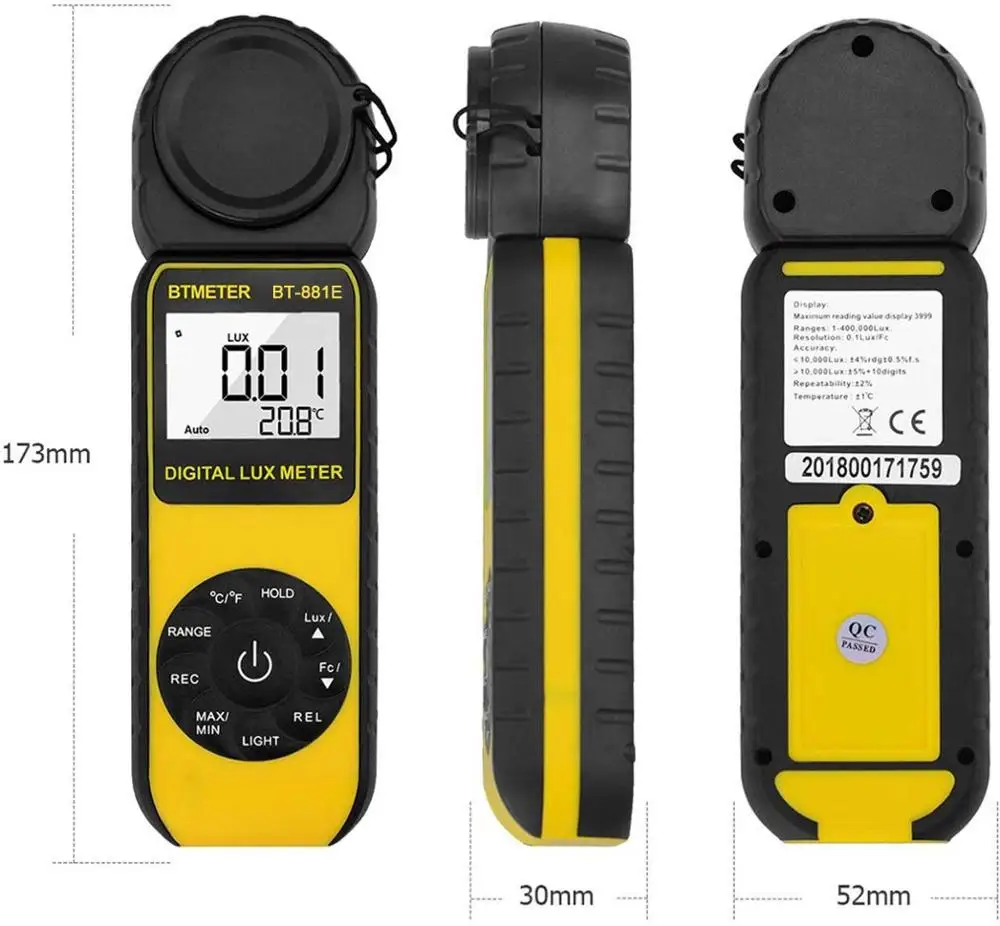 

BTMETER BT-881E Light Meter,Digital Illuminance Meter Handheld Ambient Temperature Measure with Range up to 300,000 Lux Luxmeter