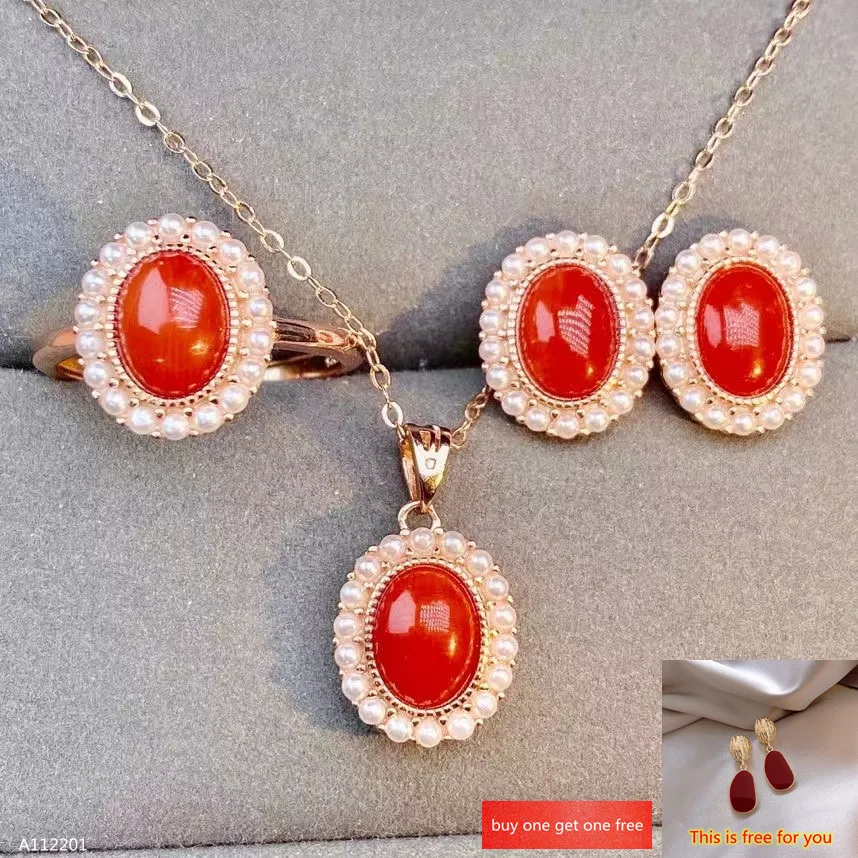 

KJJEAXCMY Fine Jewelry Natural Red Coral 925 Sterling Silver New Women Pendant Earrings Ring Set Support Test Luxury Popular