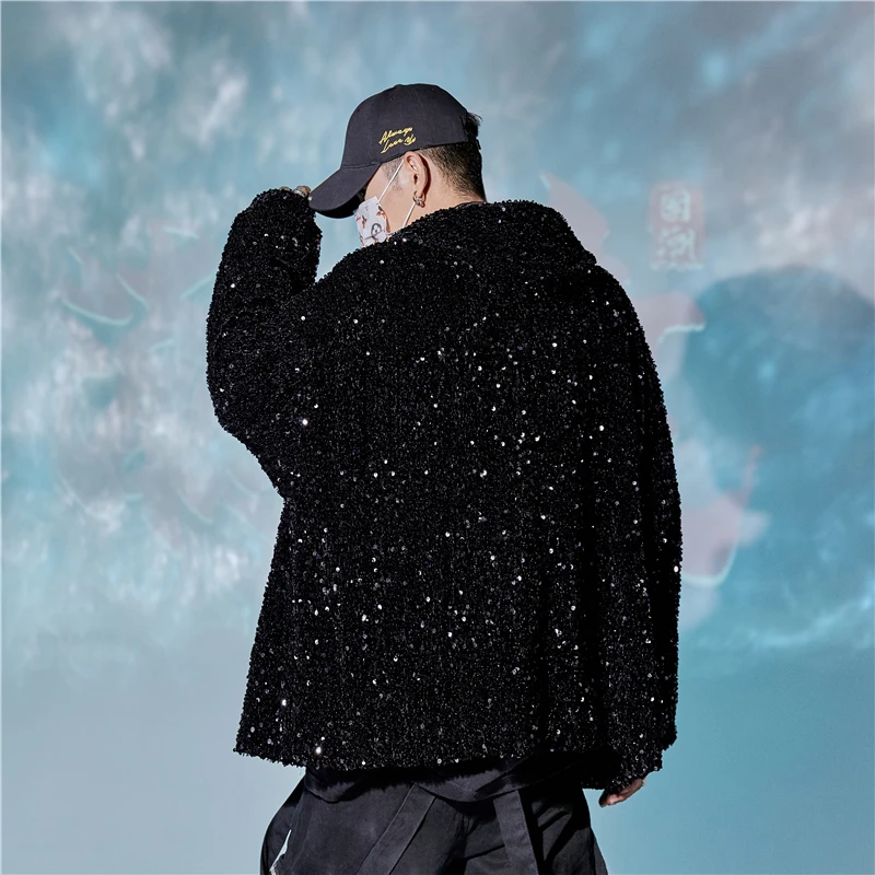 New Sequin Hooded Jacket Men Streetwear Korean Hip Hop Harajuku Fashion Coat Autumn Zipper Loose Party Nightclub Stage Costumes