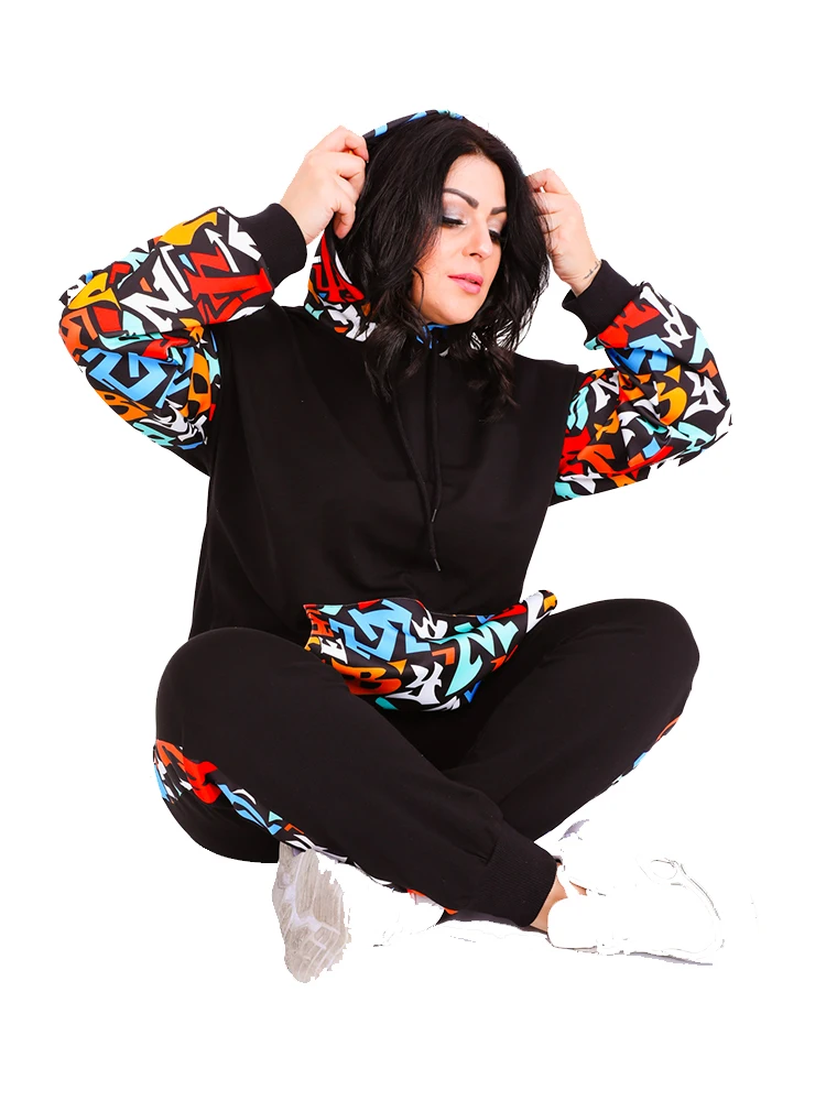 

Women’s Plus Size Black Sweatsuit Set 2 Piece Graffiti Print Tracksuit, Designed and Made in Turkey, New Arrival