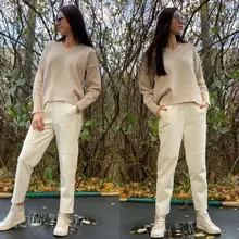 Pants Trousers Women Drawstring Female High-Waist WOTWOY Spliced Loose Autumn Straight