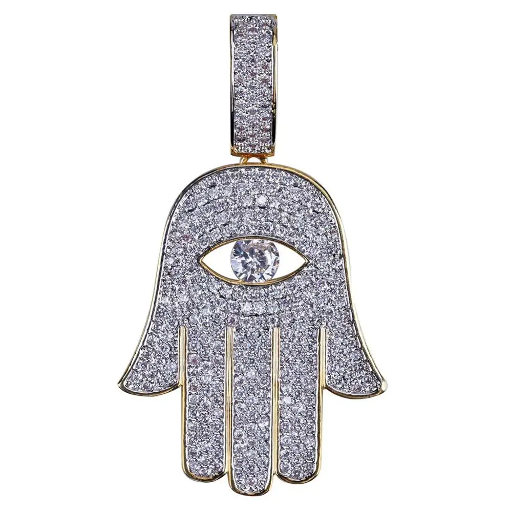 

Men`s Hand of Fatima Hamsa Iced Out Gold Silver Hip Hop Pendant Necklaces Jewelry