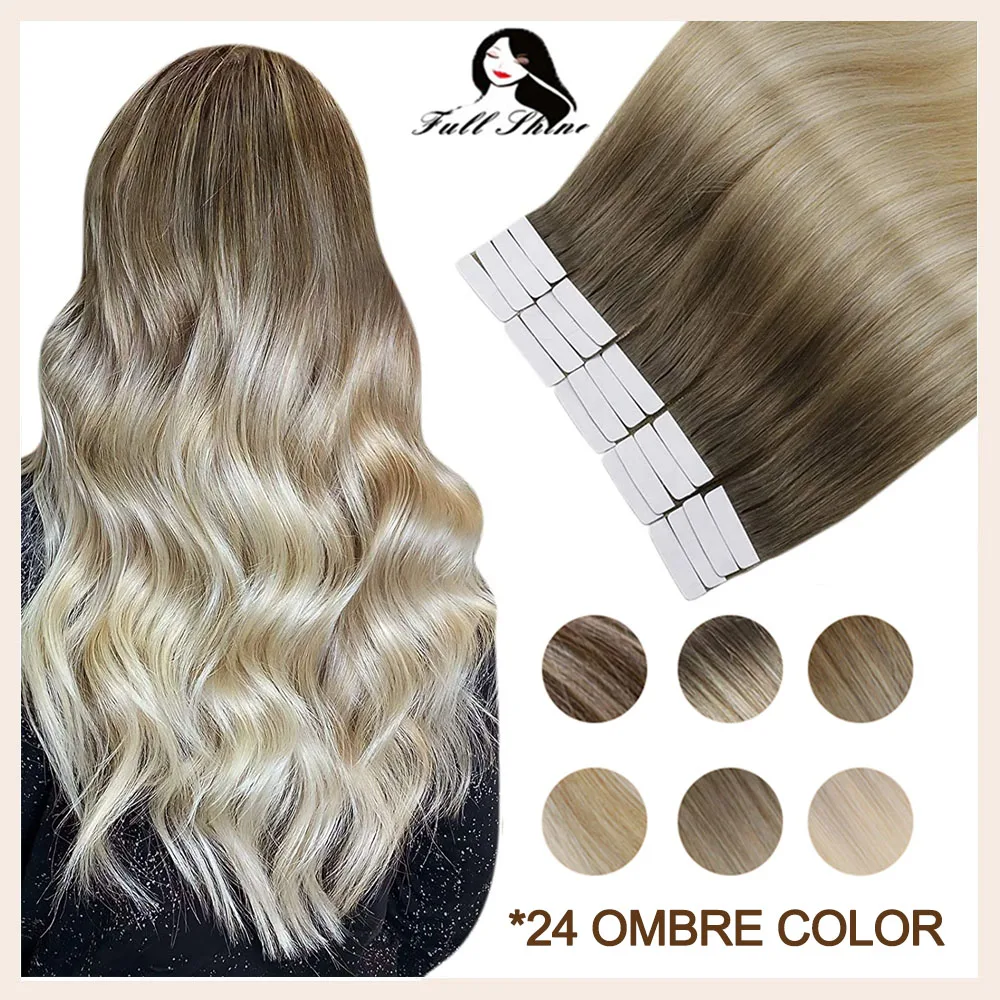 Extensiones de cabello Natural, cinta con brillo completo, Color rubio, 100%, cabello humano Remy, pegamento de trama de piel sin costuras