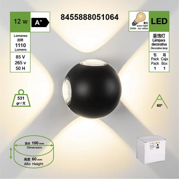 

12 W modern style black round spherical LED waterproof wall light, can be installed indoor and outdoor light