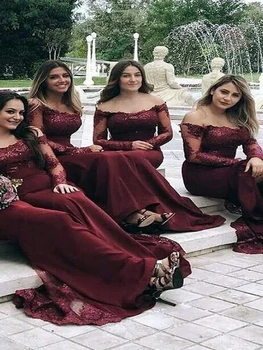 

Charming Burgundy Off Shoulder Long Sleeve Lace Mermaid Bridesmaid Dresses Wedding Party Gowns Wine Red