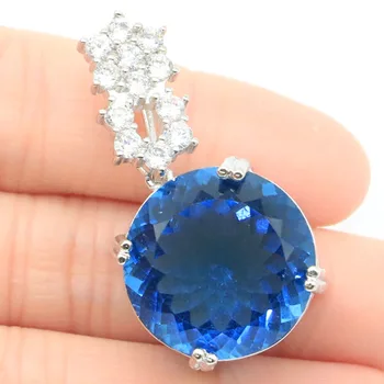 

37x22mm Beautiful Round Shape Created London Blue Topaz CZ Gift For Ladies Silver Pendant