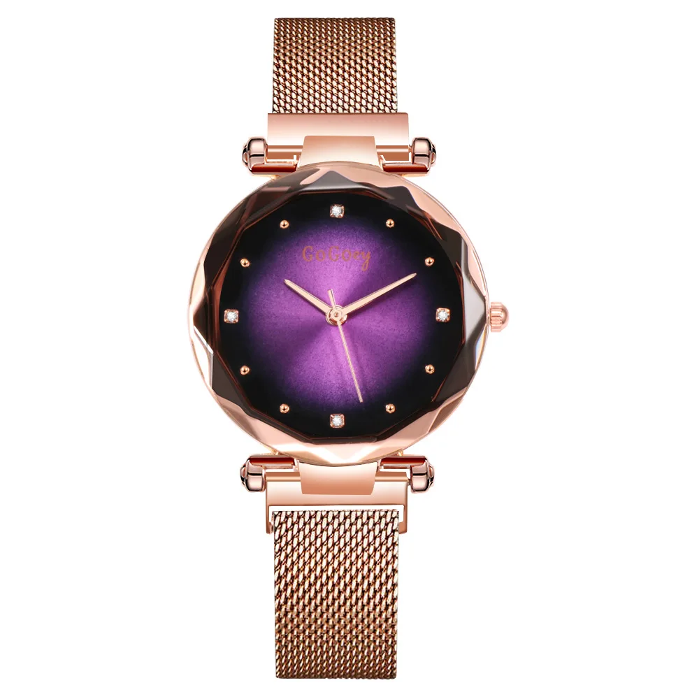 Лидирующий бренд, часы для женщин, розовое золото, сетка, магнитная пряжка, Звездные кварцевые часы, Геометрическая поверхность, повседневные женские кварцевые наручные часы - Цвет: purple