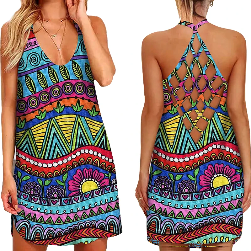 

Bohemian Style Mini Dresses for Women's Clothing 2022 Summer New Casual Loose Sexy Sleeveless O-Neck Beach Sundress Ladies