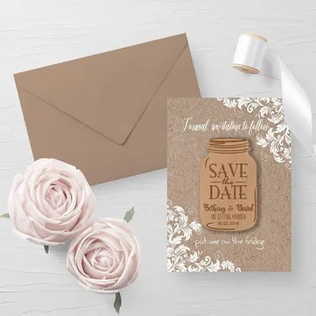

personalised Mason Jar Magnet with Card, Engraved names, rustic save the date Wedding Wood Favor Magnets, Wedding Announcement