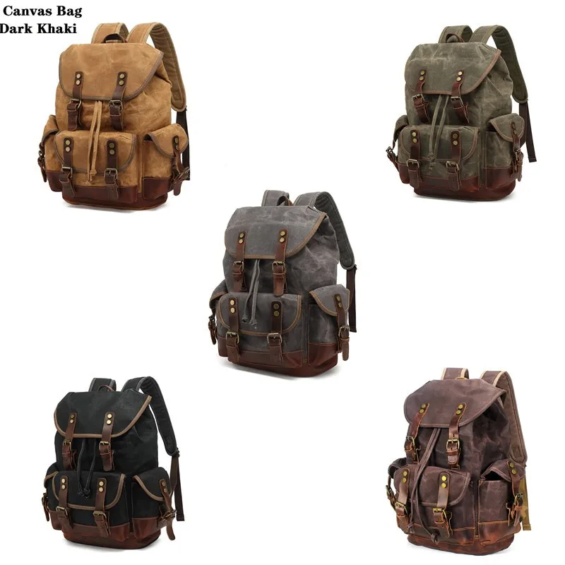 

Cotton Oil Wax Canvas Backpack Mens Large Capacity Vintage Waterproof Backpack 15" Laptops Daypacks Rivets bookbag