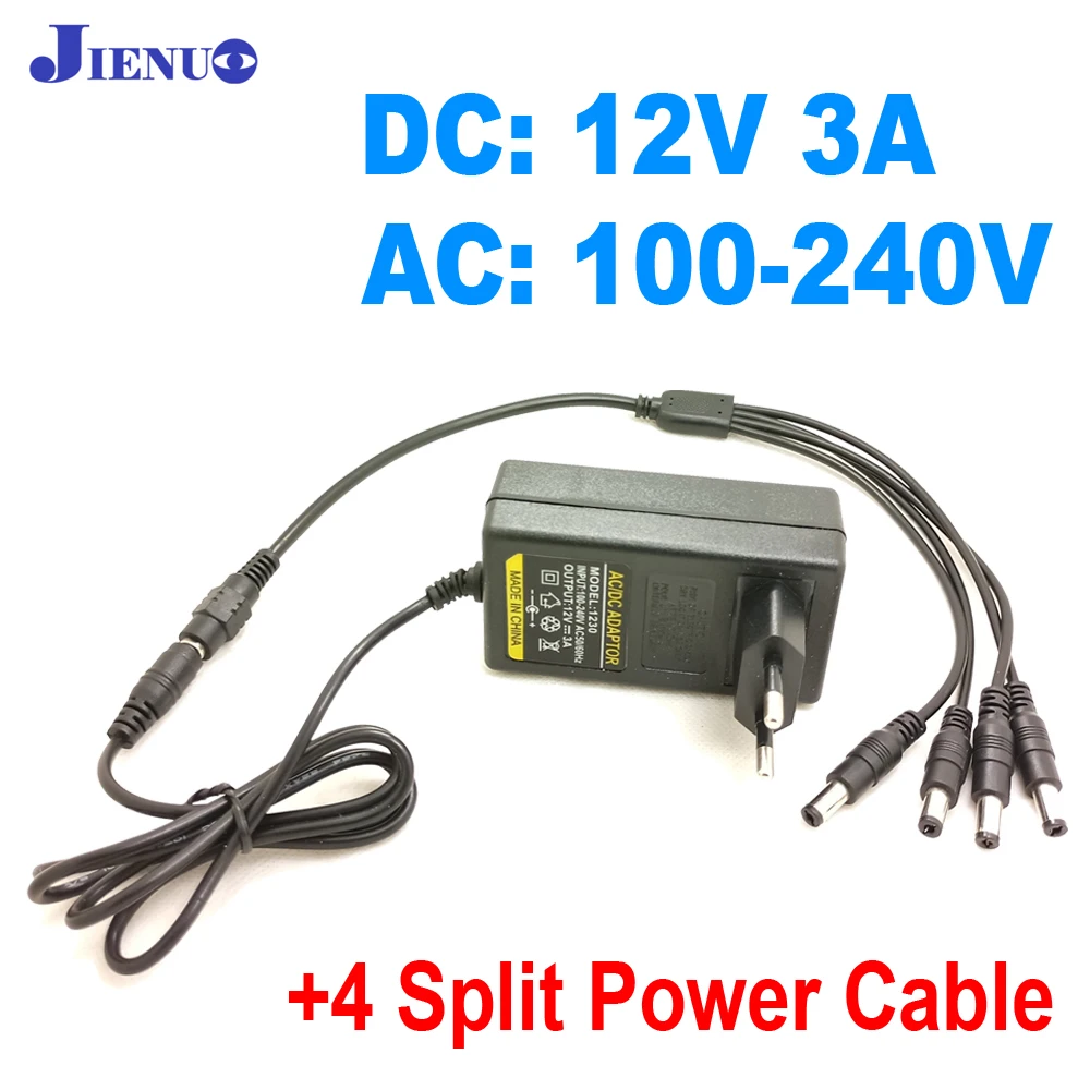 JIENUO DC 12V 3A EU Plug AC/DC Power Adapter Supply + 4 Split Cable for CCTV Camera DVR NVR IP AHD TVI CVI Analog | Безопасность и